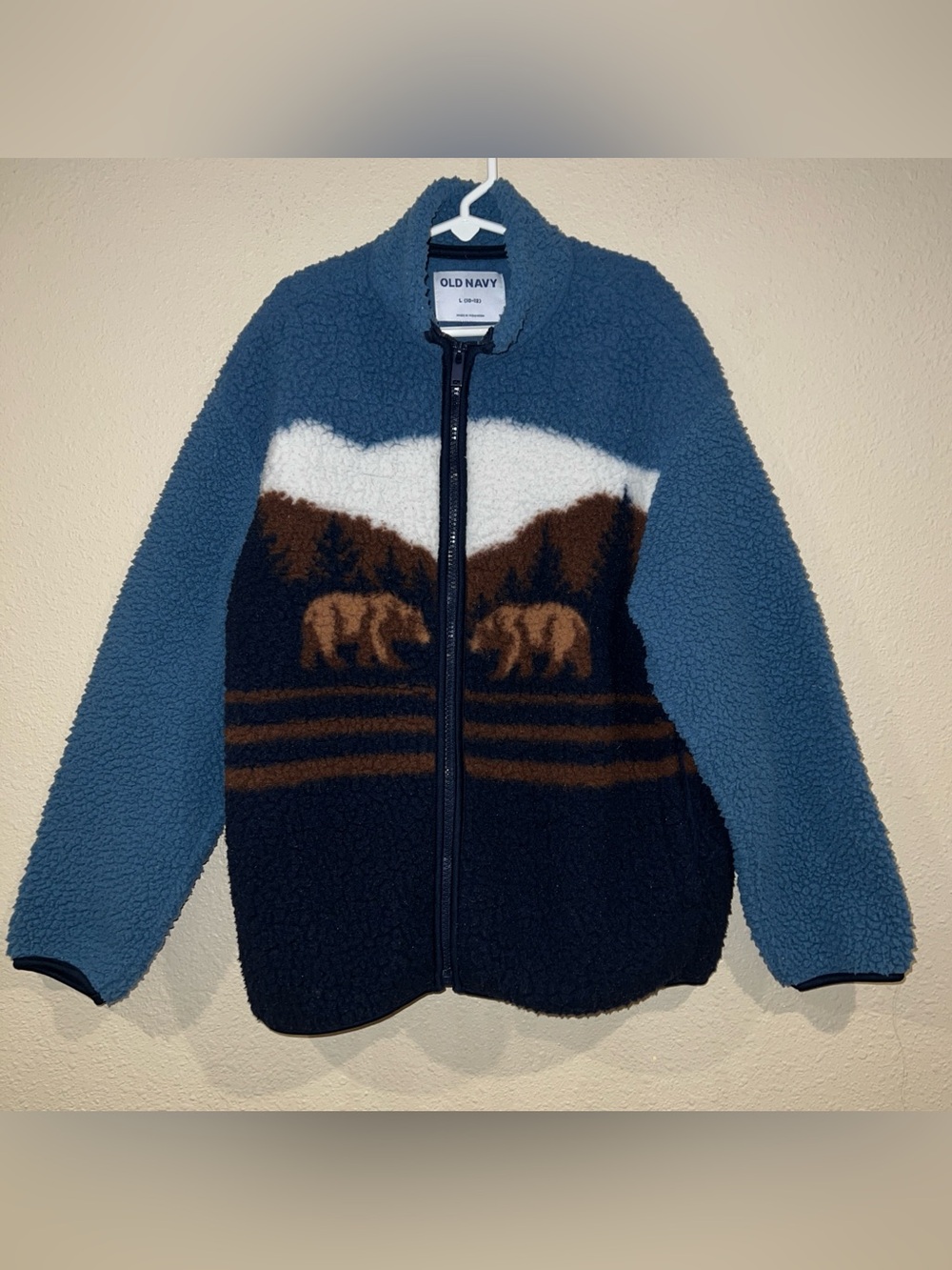 Old Navy Boys Fleece Sherpa zip Jacket Blue Brown Bear Print graphic Large
